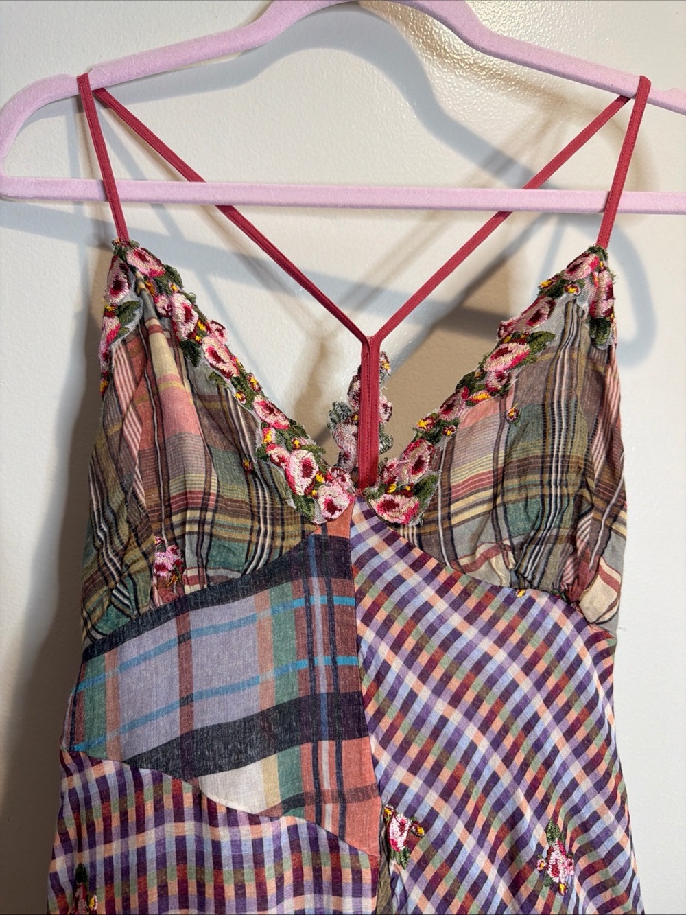 Free People Prairie Dust Plaid Patchwork Embroidered Floral Maxi Dress M - Picture 7 of 10